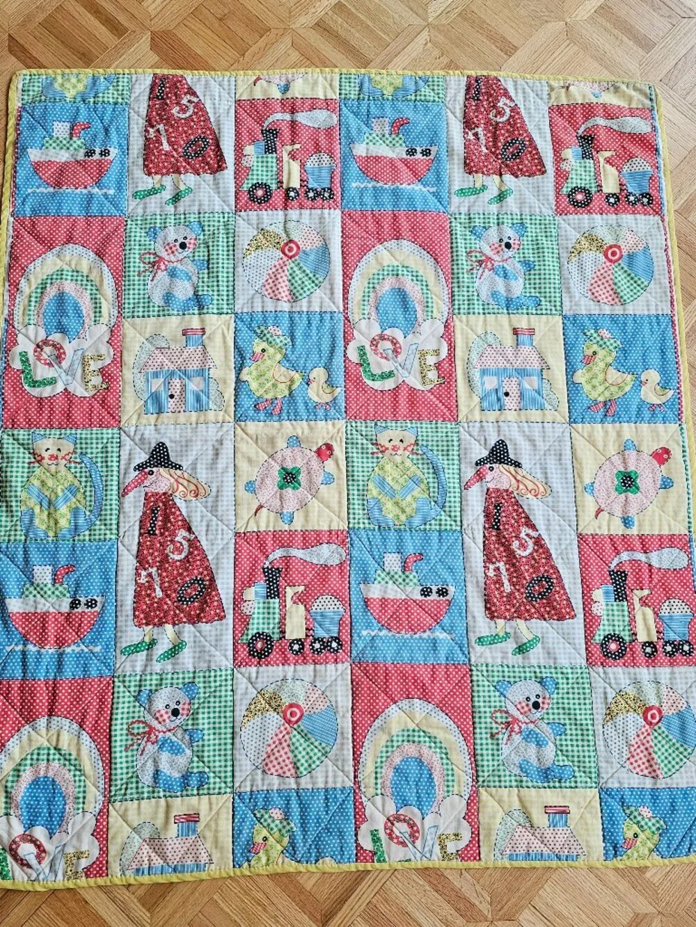 Vintage Handmade Baby Patchwork Quilt Primary Colors Red Yellow Duck 43.5